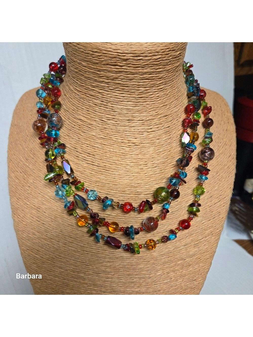 Vintage Multi-colored 3-Strand Czech Glass Beaded Necklace